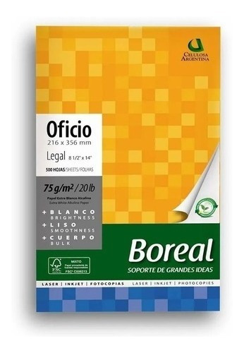Resma Oficio75grs Boreal  Celulosa Papel Obra 500 Hojas
