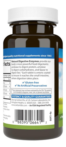 Carlson Labs Enzimas Digestivas Naturales, 100 Tabletas Sabor Sin Sabor