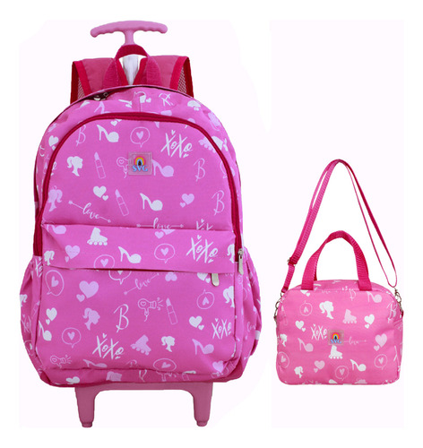 Mochila Escolar Resistente Espaçosa Svg  Lancheira Térmica Cor Rosa Desenho do tecido Boneca