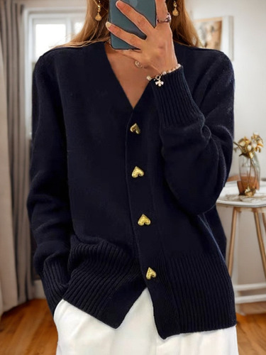 Suéter De Punto Con Cuello En V Con Botón De Amor A La Moda,