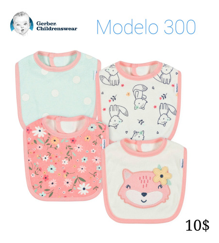 Set 4 Baberos Gerber Niña Modelo 300