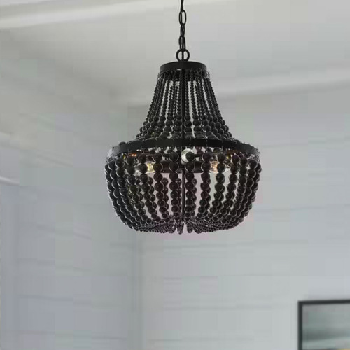 Lampara Techo Negra De 3 Luces Pantalla De Cuentas De Madera
