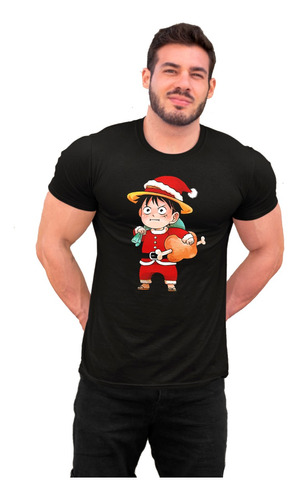 Playera Dama O Caballero Negra Navideña Luffy One Piece