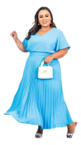 Vestido plissado best sale longo azul