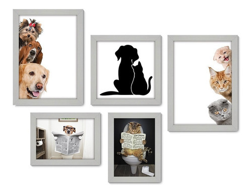 Kit Com 5 Quadros Decorativos - Pet Shop Cachorro Gato Sala Cor Moldura Branca
