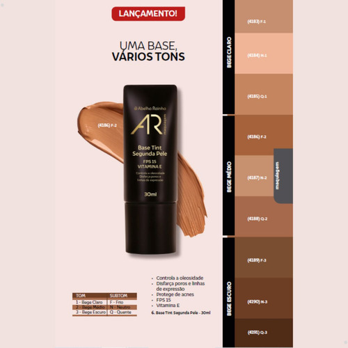 Base de maquiagem em líquido/creme Abelha Rainha Tint Segunda Pele AR Maquiagem Base Tint Segunda Pele 30ml Vários Tons AR Maquiagem Abelha Rainha tom n-2 (bege médio - neutro) - 30mL 30g