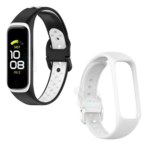 Combo 2 Pulseiras Para Galaxy Fit2 Silicone Furadinha + Lisa Cor Preto c/ Branco + Branco