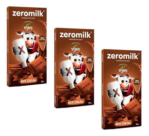 Kit 3 Chocolate Vegano Sem Lactose 40% Cacau Zeromilk 80g