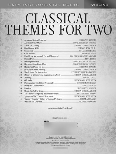 Classical Themes For Two Violins: 24 Favorite Melodies., De Álbum. Classical Themes For Two Editorial Hal Leonard, Tapa Blanda, Primera Edición En Inglés, 2017