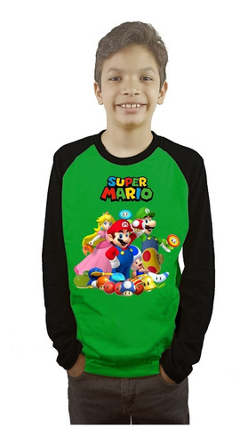 Polera Mario Bros Niños Manga Larga Estampada Dtf Cod 005