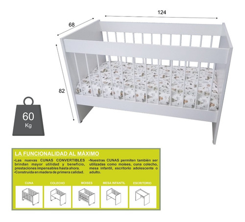Imagen 3 de 7 de Cuna Con Baranda Desmontable Colecho Escritorio 5 En 1 Bebe
