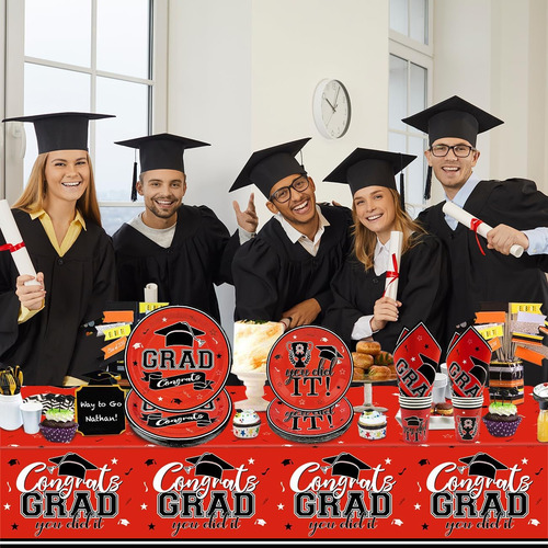 81 Piezas De Vajilla De Graduación Roja Y Negra Para La Clas