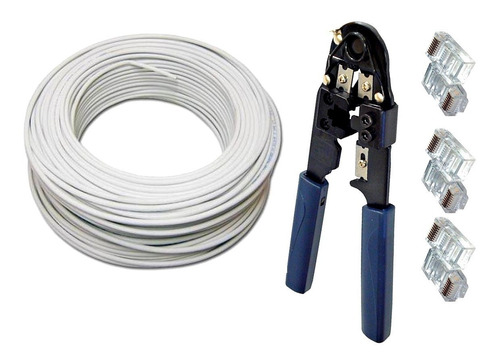 Kit 50mts De Cabo Cat5e + 1 Alicate + 20 Plug Rj45  - Branco