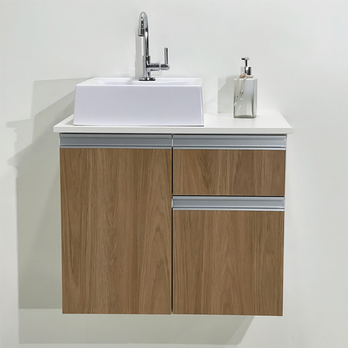 Balcão Banheiro Parma Com Tampo E Cuba - Mdf Cores 60cm Cor da pia Branco Cor do móvel Amadeirado
