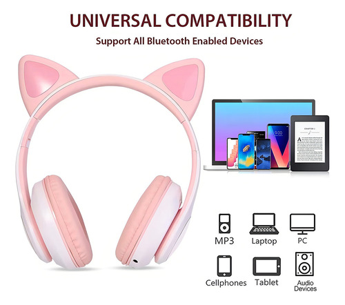 Audifonos Orejas De Gato Bluetooth 5.1 Led Diadema Ninos Color Blanco