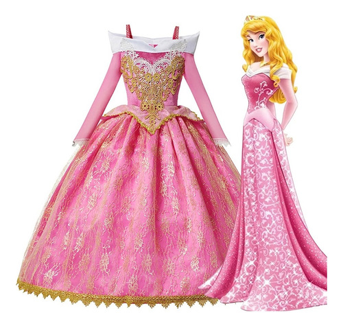 Vestido Aurora De La Bella Durmiente Para Niñas, Manga Larga