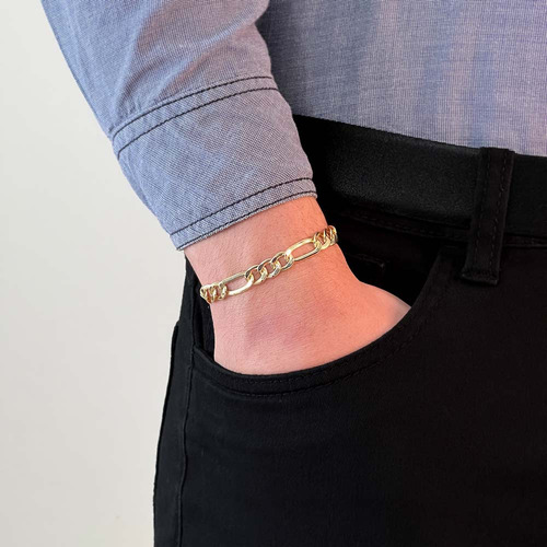 Pulseira Fígaro Grumet 3x1 De 7.6mm Em Ouro 18k 21,0 Cm