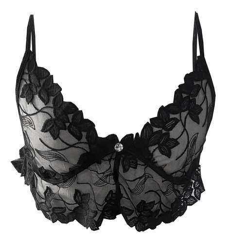 Bralette De Encaje Transparente Con Tirantes Finos Y Cuello