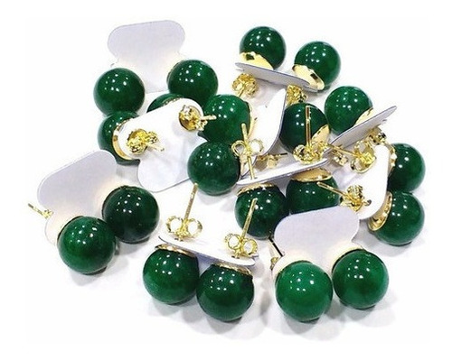 Par Brincos Esferas 8mm De Pedra Jade Verde Folheados A Ouro
