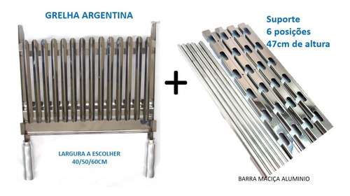Grelha Argentina + Suporte Barra Maciça 75cm E 47cm Altura