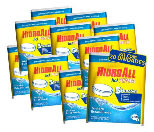 Kit 20 Pastilhas De Cloro Hcl Penta Hidroall Piscina Atacado