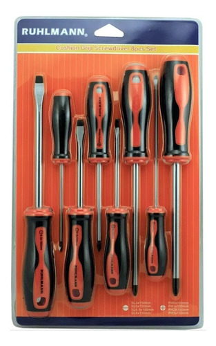 Set Kit Juego 8 Destornilladores Ruhlmann Ph Plano Mango Gom