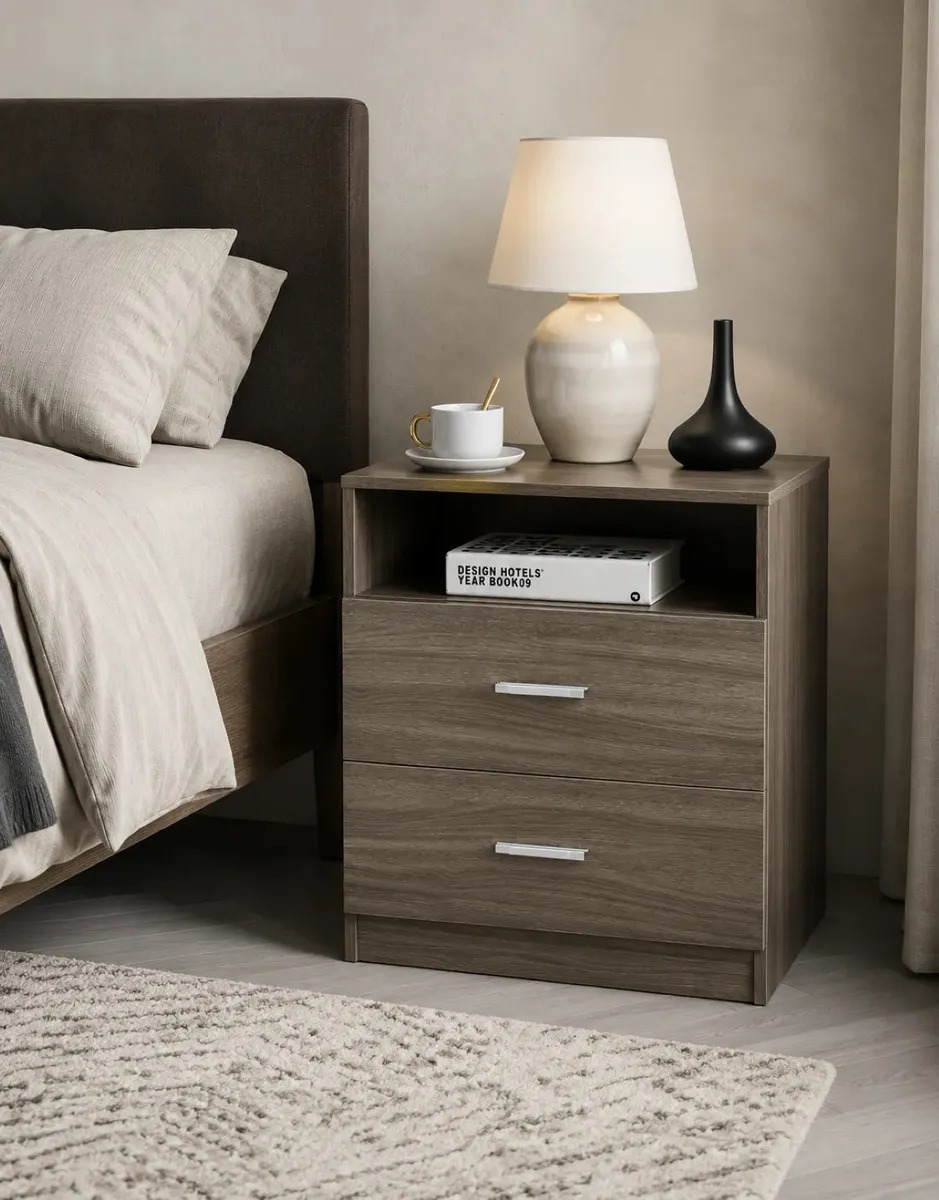 Buro Para Recámara Mesita De Noche Minimalista 2 Cajones Acabado Mate Color gris