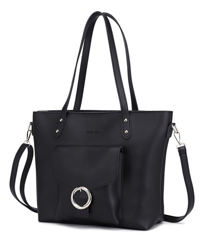 Cartera tote Trendy 20822 diseño lisa de cuero sintético  negra con correa de hombro negra asas color negro