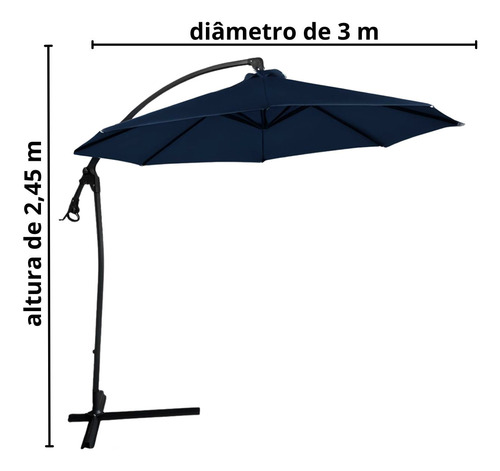 Ombrelone Lateral Suspenso 3 Mts Jardim C/ Base E Manivela Cor Azul Liso