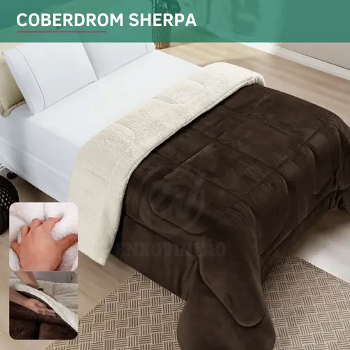Coberdrom Dupla Face Casal Queen Sherpa Inverno Pele Carneiro Macio Suave Quente Luxo Cor Tabaco Premium
