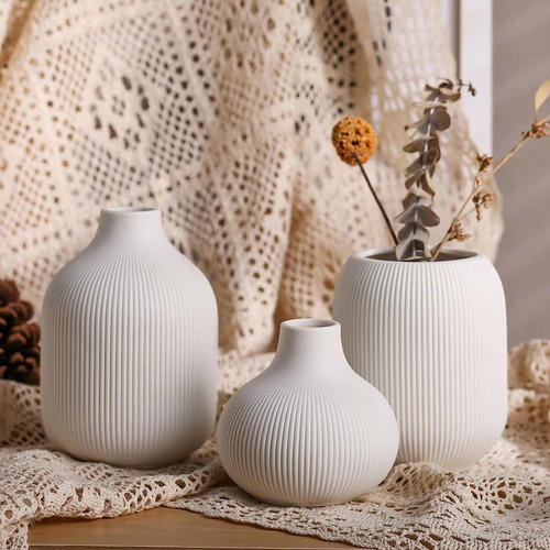 Juego De 3 Jarrones Decorativos De Cerámica Blancos Mi...
