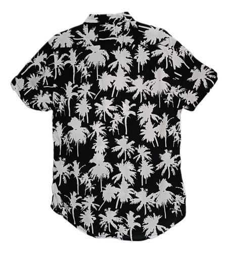 Camisa Palmeras Hawaiana Blanca Fondo Negro, Hombre.