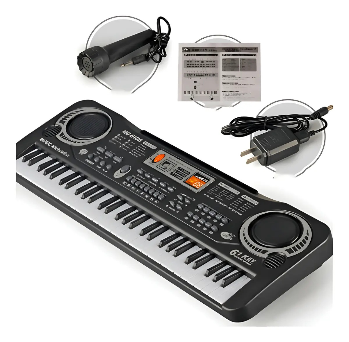 Teclado Eletrônico Infantil 61 Teclas Preto com Microfone e Fonte Bivolt