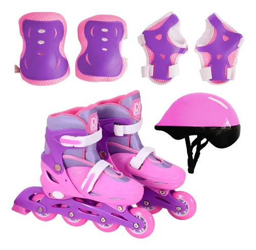 Patins Em Linha Infantil Ajustável DM Toys Radical com Acessórios, Rosa G (38-41)