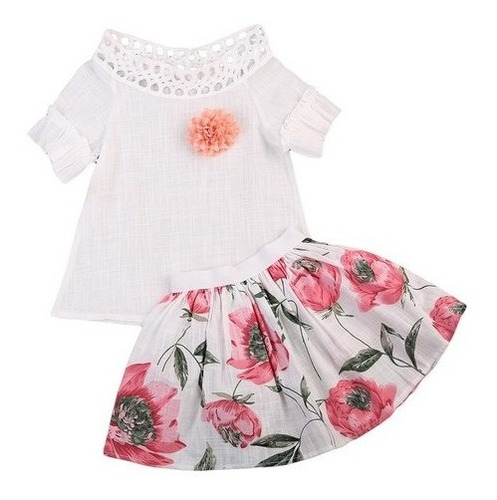 Conjunto Infantil Menina Saia Florida E Blusa Renda Com Rosa