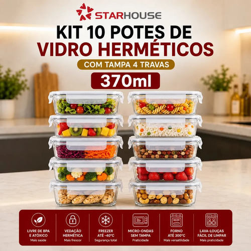 Kit 10 Potes Herméticos Vidro 370ml Starhouse Marmita Forno Micro-ondas Airfryer com 4 travas de super vedação