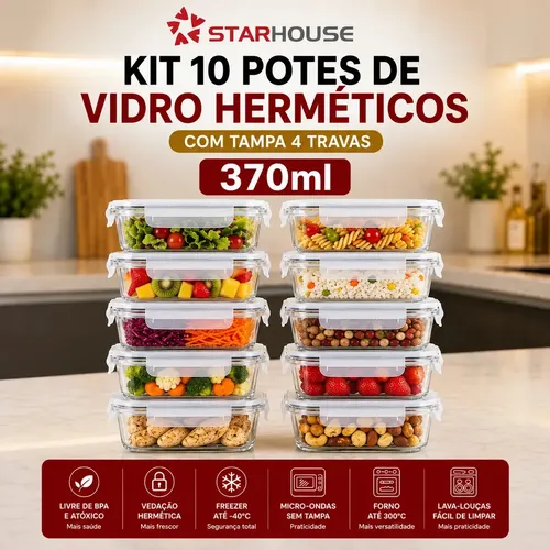 Kit 10 Potes Herméticos Vidro 370ml Starhouse Marmita Forno Micro-ondas Airfryer com 4 travas de super vedação