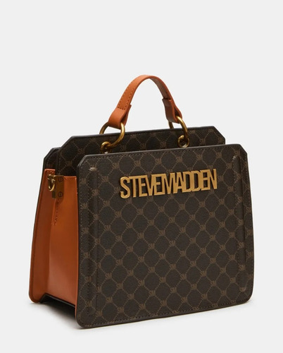 Bolsa Steve Madden Original Modelo Bevelyn Sm Marrón Oscuro Monograma Oro Naranja