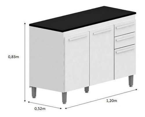 Imagem 3 de 3 de Balcão De Cozinha 3 Portas 2 Gavetas 1,20m - Branco