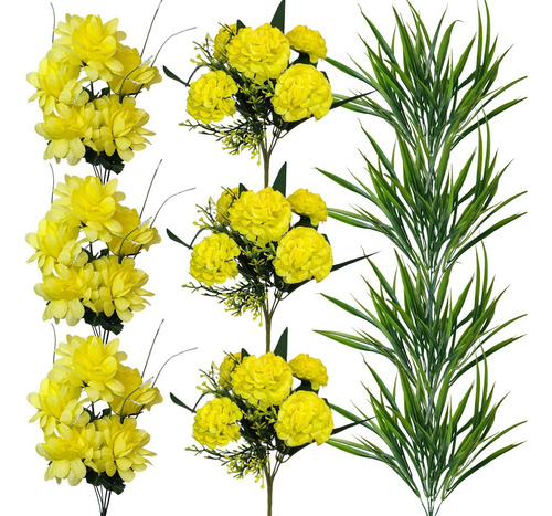 Kit 10 Buquês De Folhagens E Flores Amarelas Para Arranjos