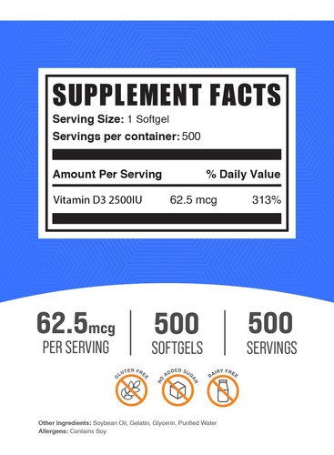 Bulksupplements Vitamina D3 2500 Ui 500 Cápsulas Blandas