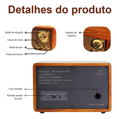 Rádio Bluetooth De Madeira Maciça Choyong R1 Walnut Com Alto