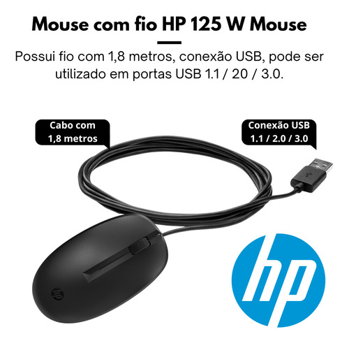 Mouse Hp 1200 Dpi Pegada Palm Com Três Botões Usb Win 10/11