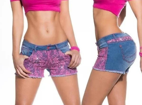 Sexy Koucla Hot Jeans Denim Short Con Encaje Y Stras
