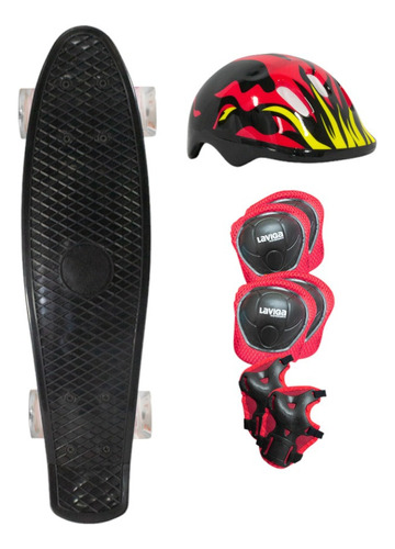 Kit Infantil Patineta Penny Classic Luz Led + Protecciones Color de las ruedas Negro/Fuego