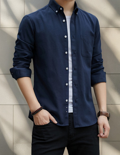 Camisa Para Hombre, Diseño De Dobladillo Con Botones, Algodó