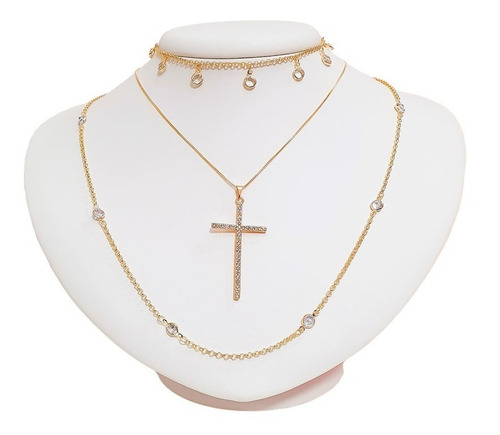 Mix Três Colares Cruz Feminino Folheado A Ouro 18k Cor Dourado