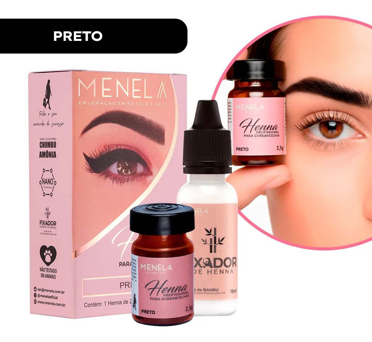 Henna Menela Preto Profissional Para Designer De Sobrancelhas 2.5g Com Fixador e Nanotecnologia