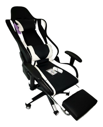 Silla Gamer Negro Con Blanco Ergonómica Con Reposa Pies 3g 