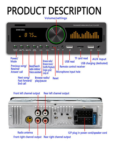 Radio De Coche Swm-80a, Bluetooth Coche Radio Con Volante
